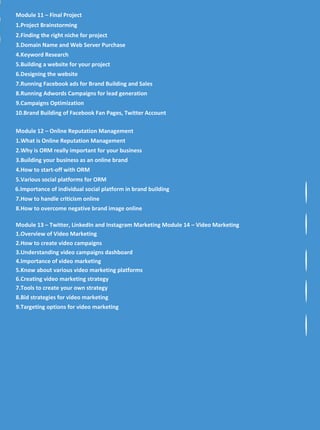 Module 11 – Final Project
1.Project Brainstorming
2.Finding the right niche for project
3.Domain Name and Web Server Purchase
4.Keyword Research
5.Building a website for your project
6.Designing the website
7.Running Facebook ads for Brand Building and Sales
8.Running Adwords Campaigns for lead generation
9.Campaigns Optimization
10.Brand Building of Facebook Fan Pages, Twitter Account
Module 12 – Online Reputation Management
1.What is Online Reputation Management
2.Why is ORM really important for your business
3.Building your business as an online brand
4.How to start-off with ORM
5.Various social platforms for ORM
6.Importance of individual social platform in brand building
7.How to handle criticism online
8.How to overcome negative brand image online
Module 13 – Twitter, LinkedIn and Instagram Marketing Module 14 – Video Marketing
1.Overview of Video Marketing
2.How to create video campaigns
3.Understanding video campaigns dashboard
4.Importance of video marketing
5.Know about various video marketing platforms
6.Creating video marketing strategy
7.Tools to create your own strategy
8.Bid strategies for video marketing
9.Targeting options for video marketing
 