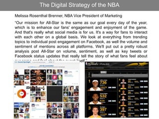 The Digital Strategy of the NBA
Melissa Rosenthal Brenner, NBA Vice President of Marketing
“Our mission for All-Star is the same as our goal every day of the year,
which is to enhance our fans' engagement and enjoyment of the game.
And that's really what social media is for us. It's a way for fans to interact
with each other on a global basis. We look at everything from trending
topics to individual post engagement on Facebook, as well the volume and
sentiment of mentions across all platforms. We'll put out a pretty robust
analysis post All-Star on volume, sentiment, as well as key tweets or
Facebook status updates that really tell the story of what fans feel about
our game and feel about the event itself.”
 