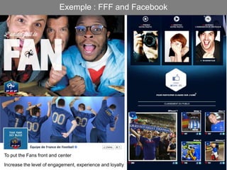 To put the Fans front and center
Increase the level of engagement, experience and loyalty
Exemple : FFF and Facebook
 