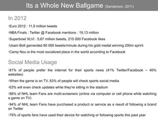 Its a Whole New Ballgame (Sanderson, 2011)
•81% of people prefer the internet for their sports news (41% Twitter/Facebook – 40%
websites)
•When the game is on TV, 83% of people will check sports social media
•63% will even check updates while they’re sitting in the stadium
•88% of NHL team Fans are multi-screeners (online via computer or cell phone while watching
a game on TV)
•94% of NHL team Fans have purchased a product or service as a result of following a brand
on Twitter
•79% of sports fans have used their device for watching or following sports this past year
Social Media Usage
•Euro 2012 : 11,9 million tweets
•NBA Finals : Twitter @ Facebook mentions : 19,13 million
•Superbowl XLVI : 5,67 million tweets, 215 000 Facebook likes
•Usain Bolt garnerded 80 000 tweets/minute during his gold medal winning 200m sprint
•Camp Nou is the most socialized place in the world according to Facebook
In 2012
 