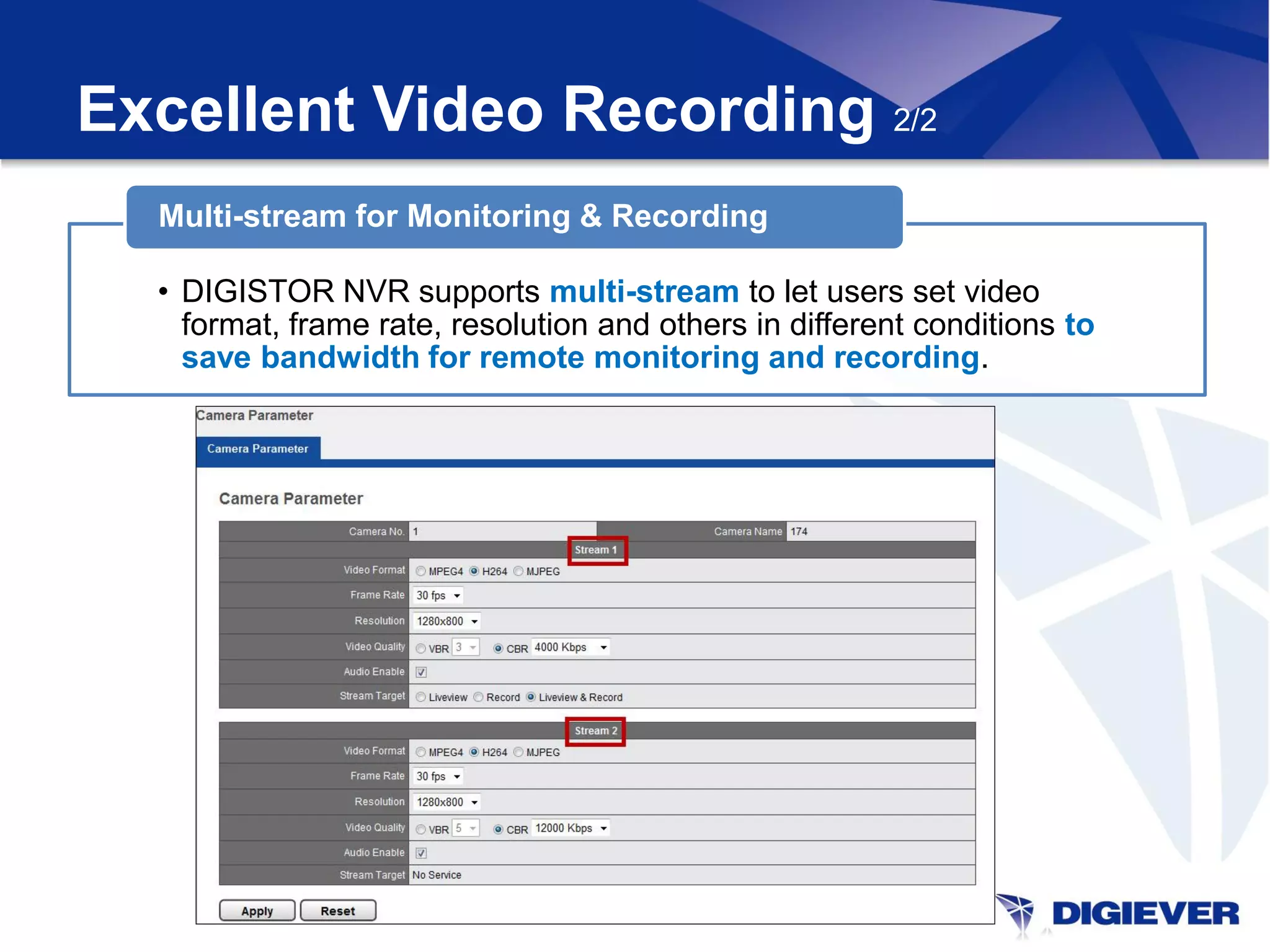 Excellent Video Recording 2/2
  Multi-stream for Monitoring & Recording

  • DIGISTOR NVR supports multi-stream to let users set video
    format, frame rate, resolution and others in different conditions to
    save bandwidth for remote monitoring and recording.
 