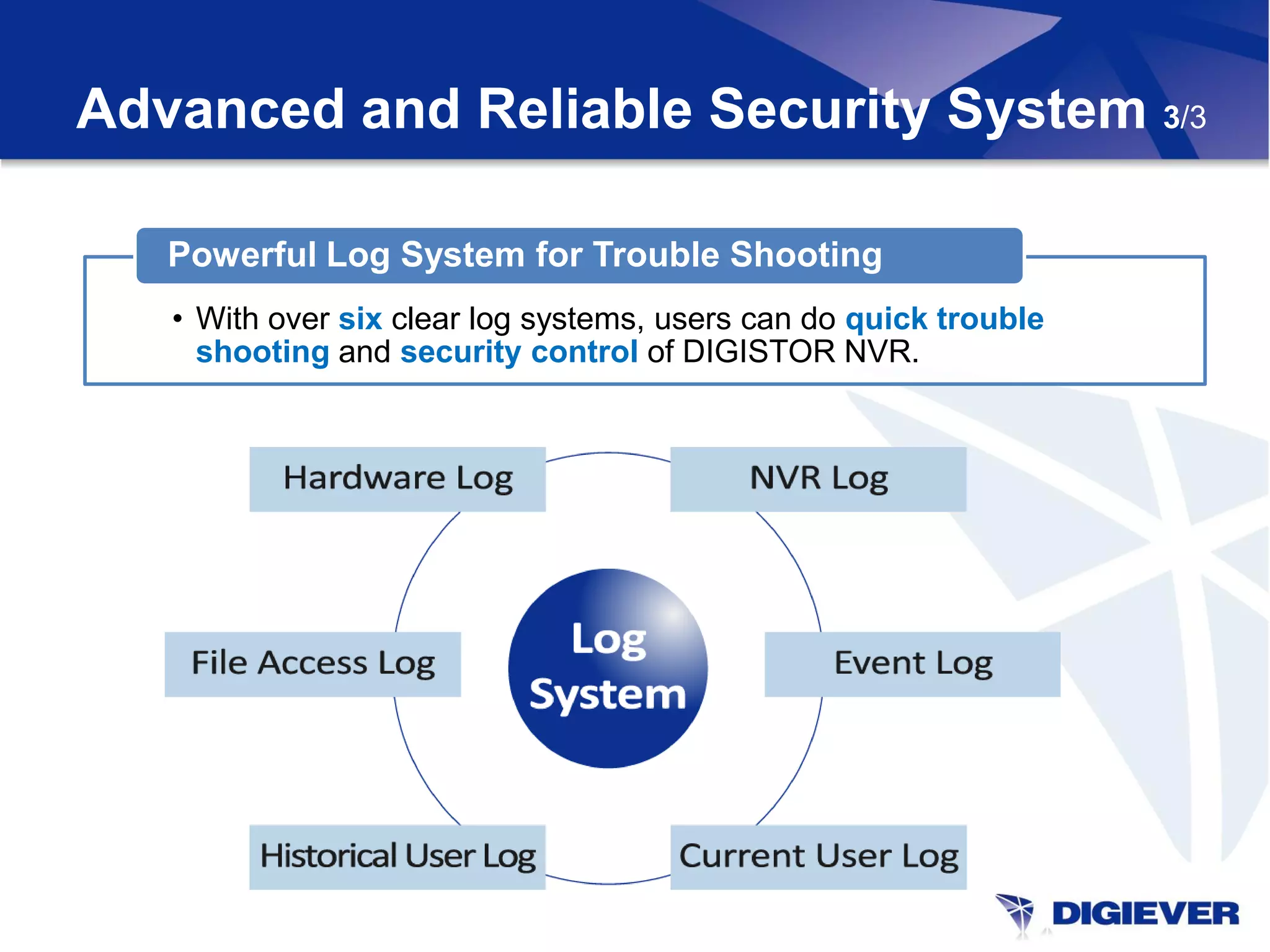 Advanced and Reliable Security System 3/3

   Powerful Log System for Trouble Shooting
   • With over six clear log systems, users can do quick trouble
     shooting and security control of DIGISTOR NVR.
 