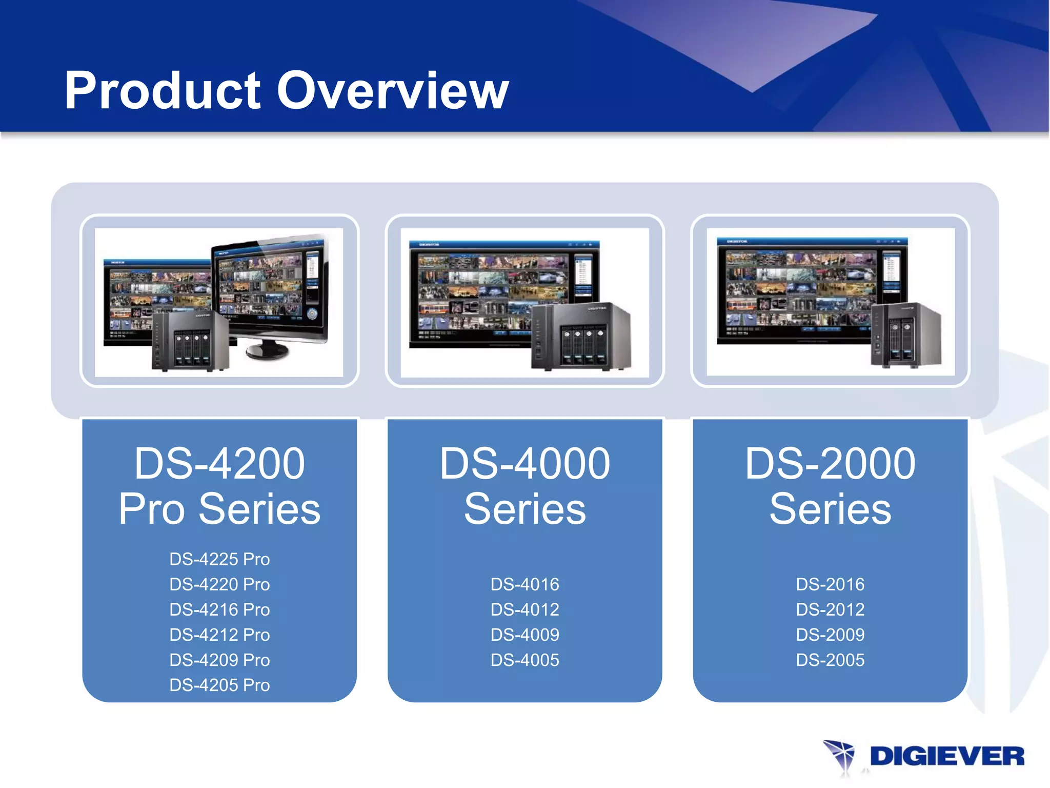 Product Overview




  DS-4200        DS-4000     DS-2000
 Pro Series       Series      Series
   DS-4225 Pro
   DS-4220 Pro     DS-4016     DS-2016
   DS-4216 Pro     DS-4012     DS-2012
   DS-4212 Pro     DS-4009     DS-2009
   DS-4209 Pro     DS-4005     DS-2005
   DS-4205 Pro
 