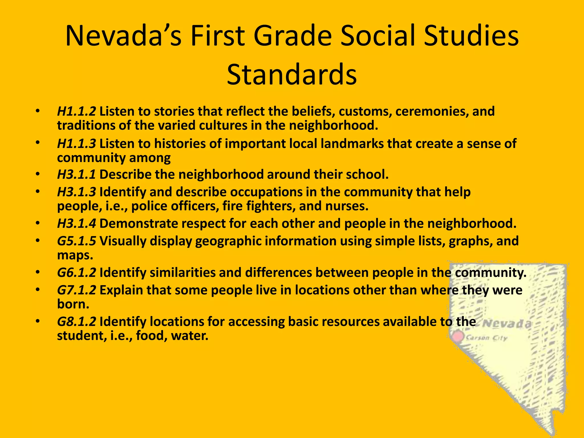 Nevada’s First Grade Social Studies StandardsH1.1.2 Listen to stories that reflect the beliefs, customs, ceremonies, and traditions of the varied cultures in the neighborhood. H1.1.3 Listen to histories of important local landmarks that create a sense of community among H3.1.1 Describe the neighborhood around their school. H3.1.3 Identify and describe occupations in the community that help people, i.e., police officers, fire fighters, and nurses. H3.1.4 Demonstrate respect for each other and people in the neighborhood. G5.1.5 Visually display geographic information using simple lists, graphs, and maps.  G6.1.2 Identify similarities and differences between people in the community. G7.1.2 Explain that some people live in locations other than where they were born. G8.1.2 Identify locations for accessing basic resources available to the student, i.e., food, water. 