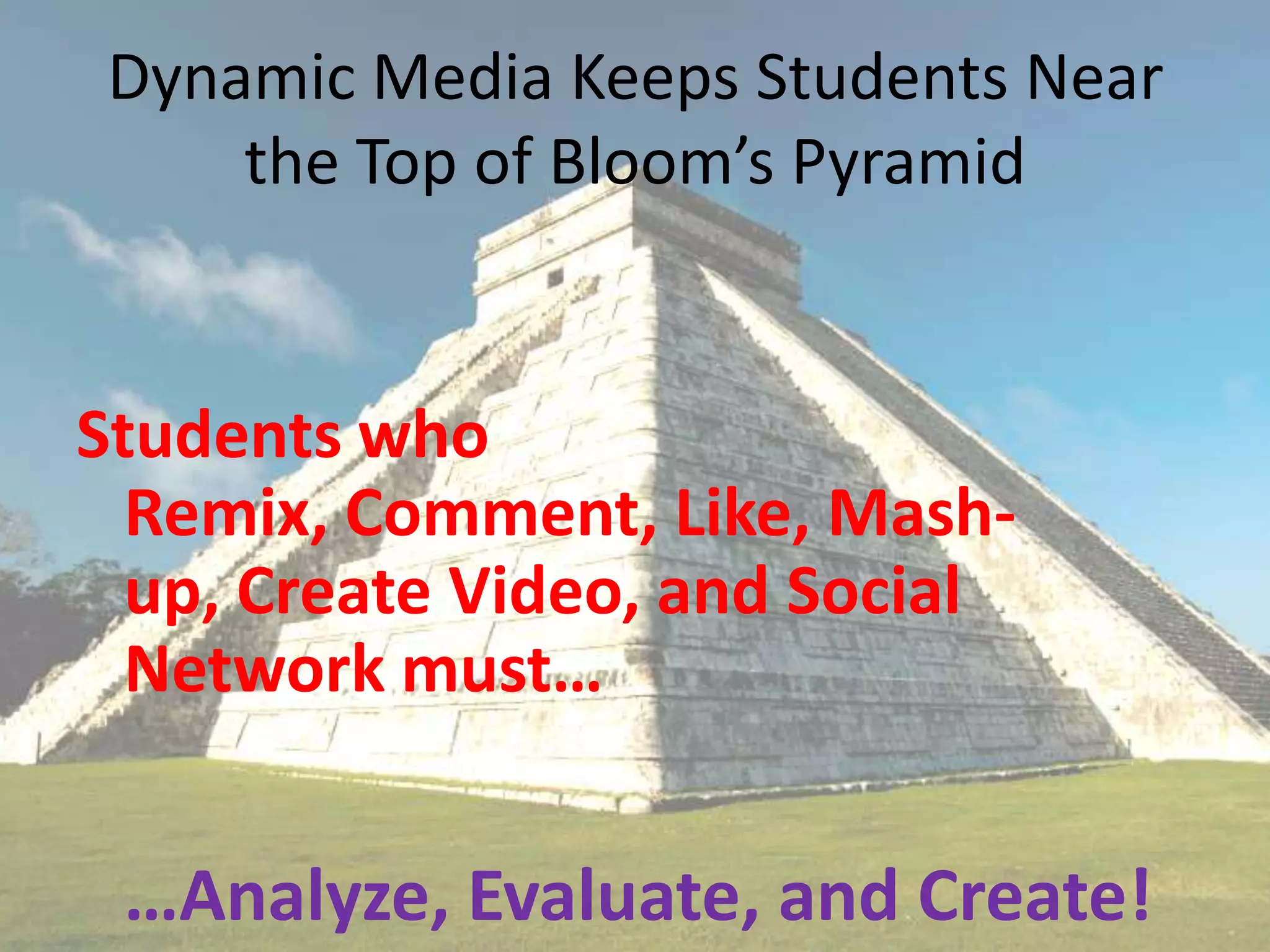 Dynamic Media Keeps Students Near the Top of Bloom’s Pyramid Students who Remix, Comment, Like, Mash-up, Create Video, and Social Network must……Analyze, Evaluate, and Create!