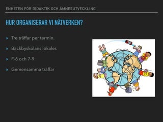 ENHETEN FÖR DIDAKTIK OCH ÄMNESUTVECKLING
HUR ORGANISERAR VI NÄTVERKEN?
▸ Tre träffar per termin.
▸ Bäckbyskolans lokaler.
▸ F-6 och 7-9
▸ Gemensamma träffar
 