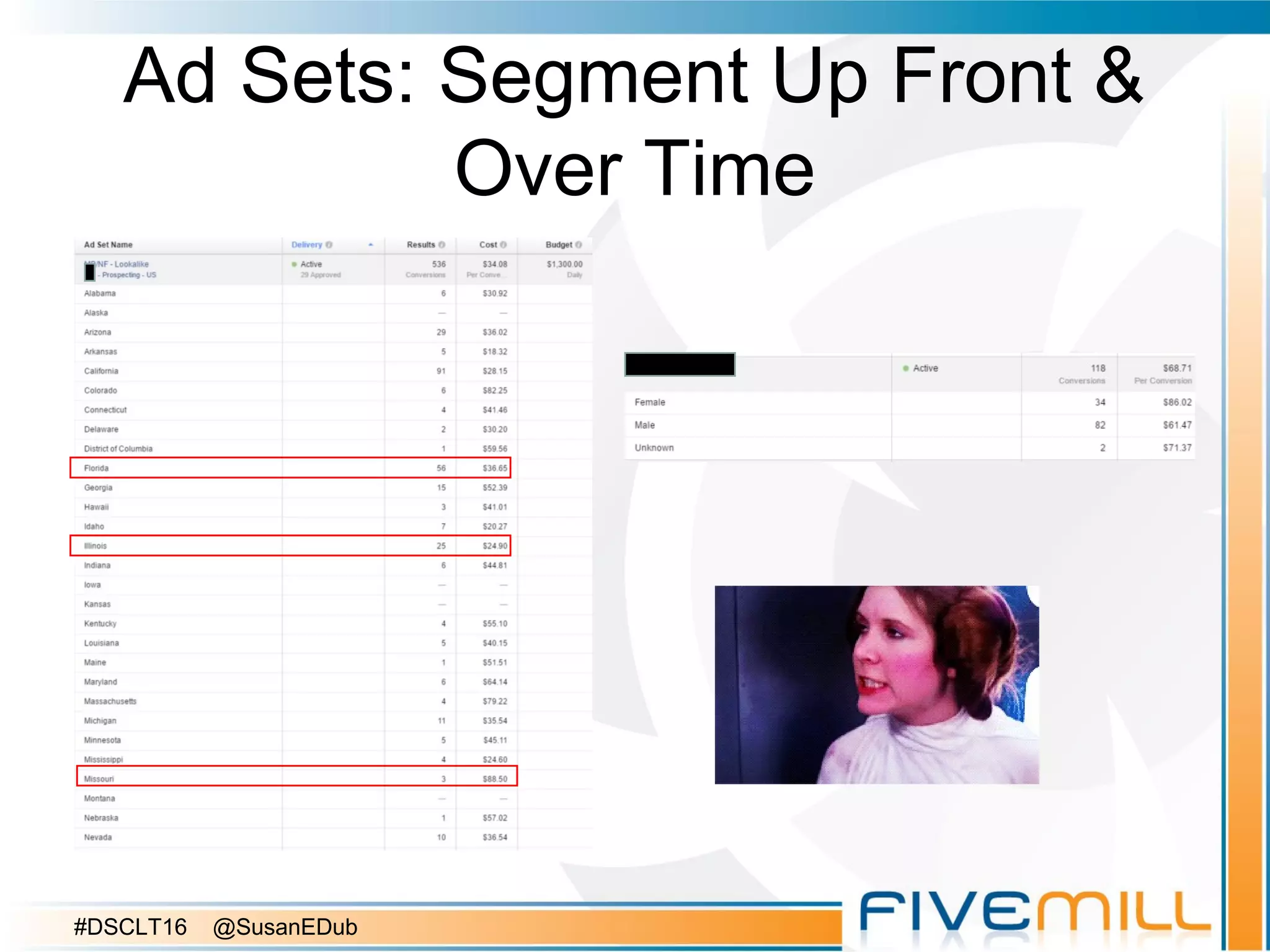 Ad Sets: Segment Up Front &
Over Time
#DSCLT16 @SusanEDub
 