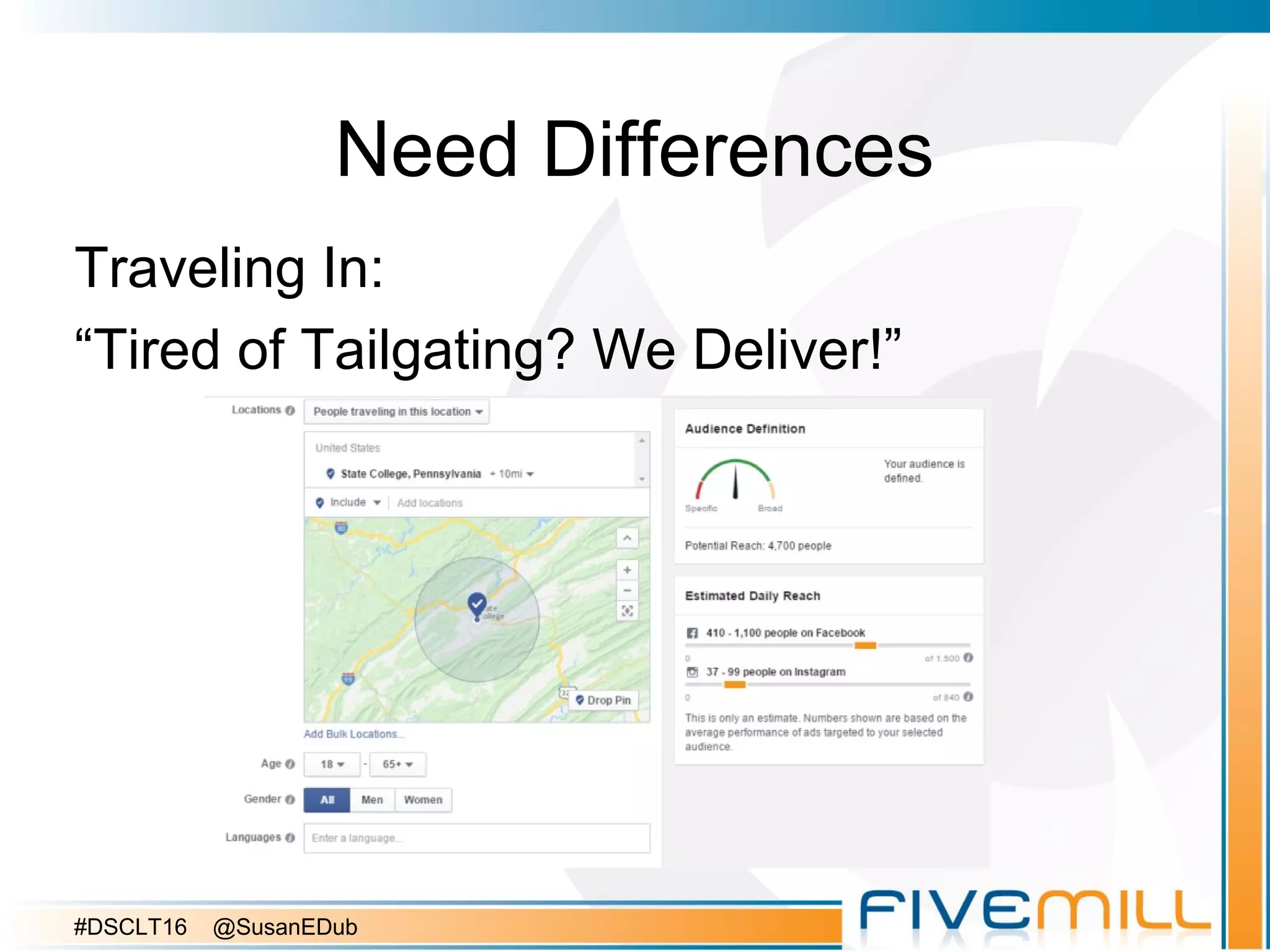 Need Differences
Traveling In:
“Tired of Tailgating? We Deliver!”
#DSCLT16 @SusanEDub
 