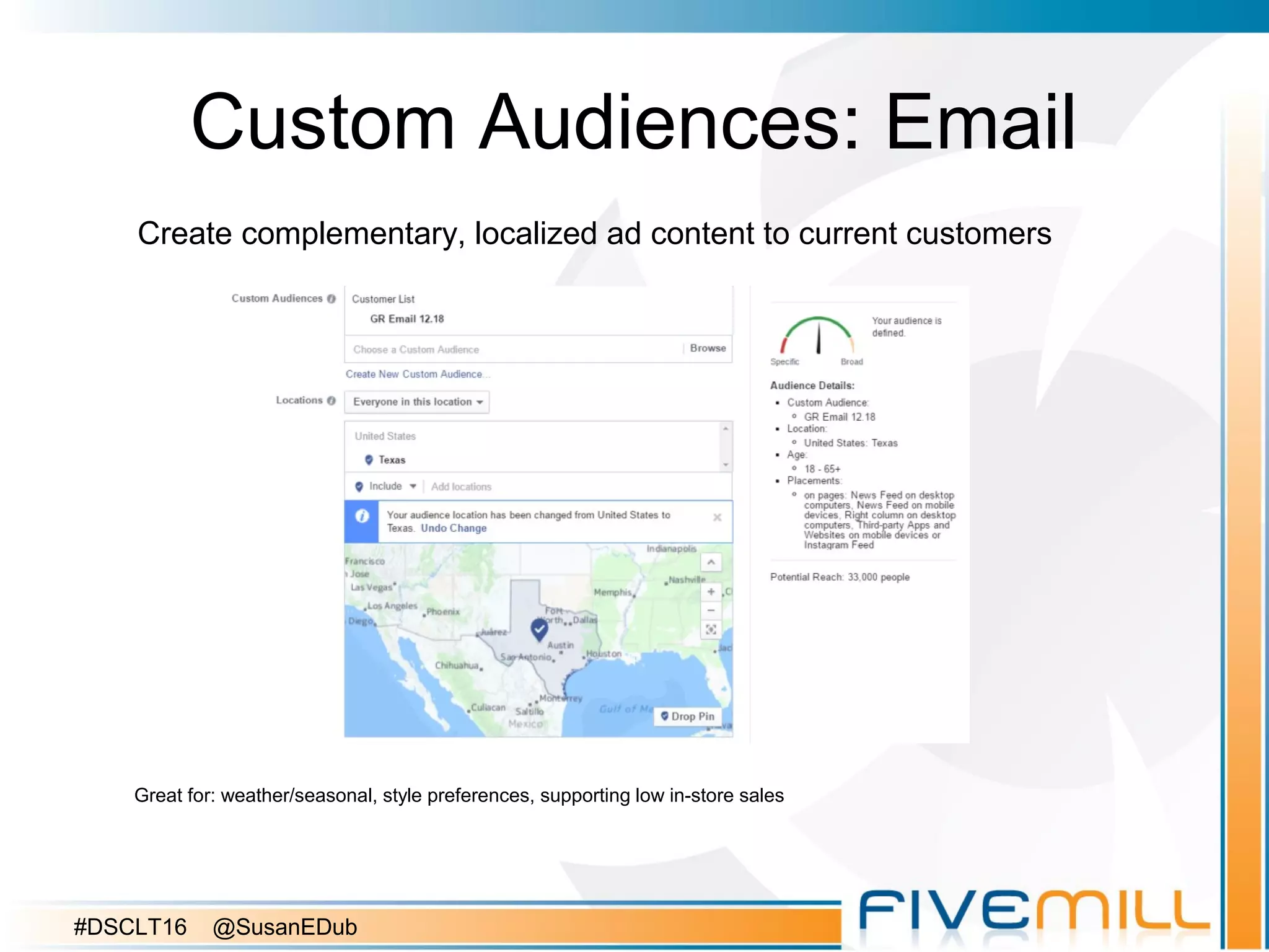 Custom Audiences: Email
Create complementary, localized ad content to current customers
Great for: weather/seasonal, style preferences, supporting low in-store sales
#DSCLT16 @SusanEDub
 