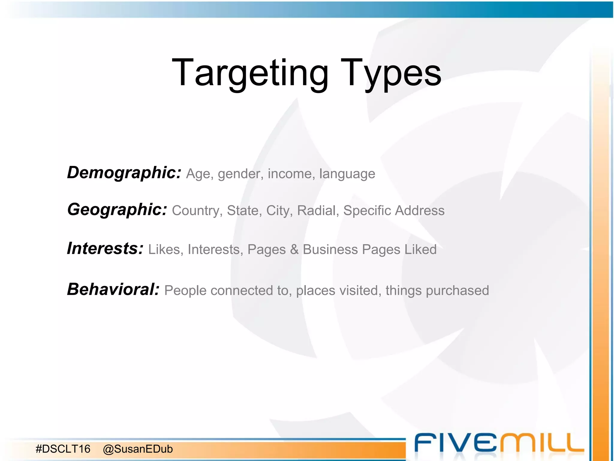 Targeting Types
Demographic: Age, gender, income, language
Geographic: Country, State, City, Radial, Specific Address
Interests: Likes, Interests, Pages & Business Pages Liked
Behavioral: People connected to, places visited, things purchased
#DSCLT16 @SusanEDub
 