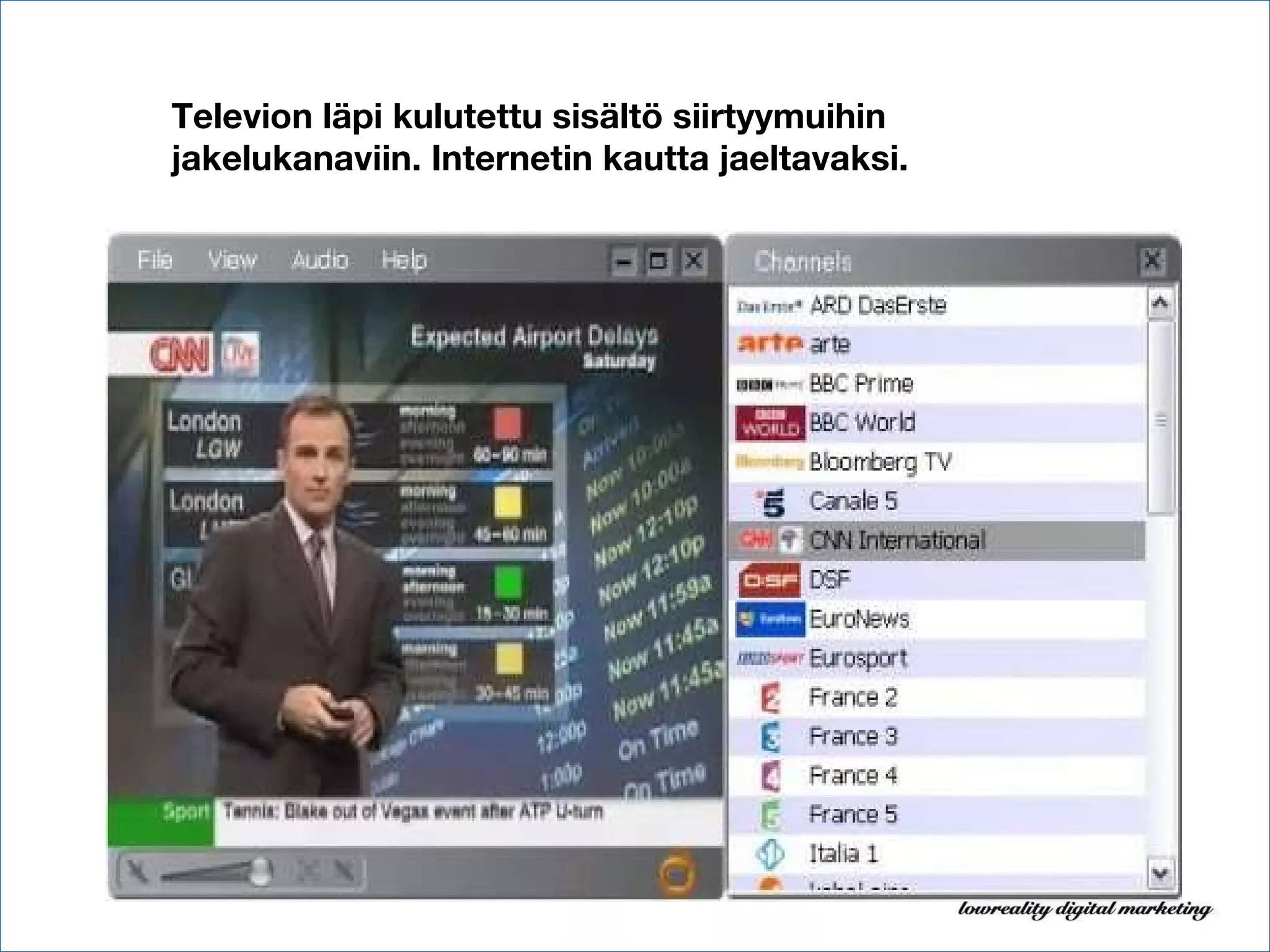 Televion läpi kulutettu sisältö siirtyymuihin jakelukanaviin. Internetin kautta jaeltavaksi. 