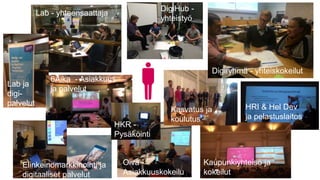 6Aika - Asiakkuus
ja palvelut
Elinkeinomarkkinointi ja
digitaaliset palvelut
Oiva -
Asiakkuuskokeilu
Kaupunkiyhteisö ja
kokeilut
Lab ja
digi-
palvelut
Lab - yhteensaattaja
DigiHub -
yhteistyö
HRI & Hel Dev
ja pelastuslaitos
Kasvatus ja
koulutus
Digiryhmä - yhteiskokeilut
HKR -
Pysäköinti
 