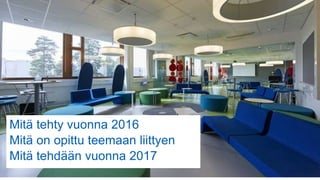 Mitä tehty vuonna 2016
Mitä on opittu teemaan liittyen
Mitä tehdään vuonna 2017
 
