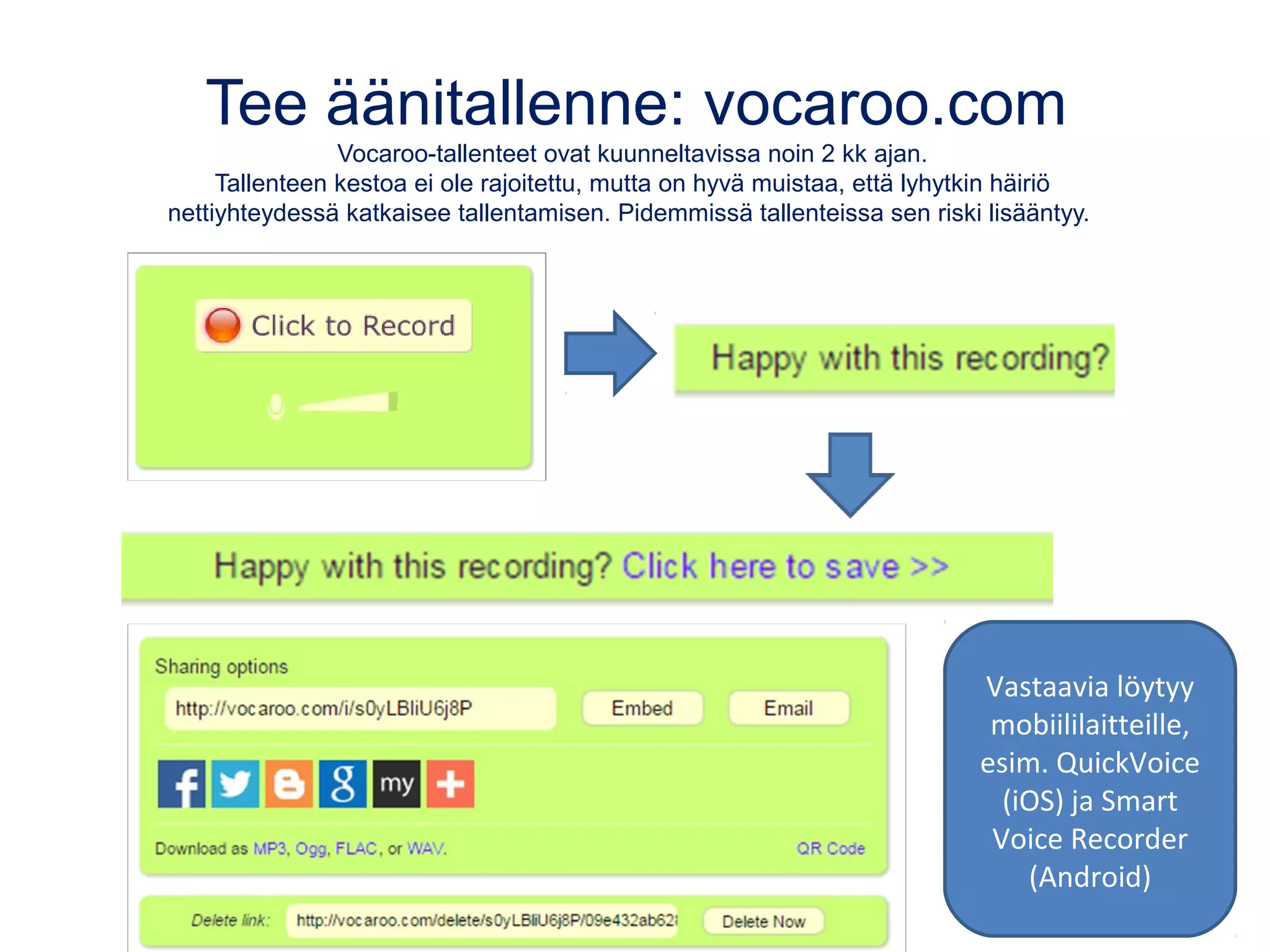Tee äänitallenne: vocaroo.com
Vocaroo-tallenteet ovat kuunneltavissa noin 2 kk ajan.
Tallenteen kestoa ei ole rajoitettu, mutta on hyvä muistaa, että lyhytkin häiriö
nettiyhteydessä katkaisee tallentamisen. Pidemmissä tallenteissa sen riski lisääntyy.
Vastaavia löytyy
mobiililaitteille,
esim. QuickVoice
(iOS) ja Smart
Voice Recorder
(Android)
 