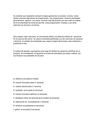 Es evidente que respetando siempre la lógica general de un proceso, muchas veces
existen diversas alternativas de programación. Una programación lineal de actividades
generalmente significa una mayor duración total del proceso; por esa razón el análisis
de la simultaneidad de acciones permite evitar programación lineales y, por tanto,
optimizar los recursos y el tiempo.




Para realizar mejor este paso, es conveniente utilizar una tabla de análisis de secuencia.
En la columna del centro se coloca la actividad planificada y en las columnas de izquierda
y derecha se señalan las actividades que, según la lógica del proceso, sean anteriores o
posteriores a ella.



A manera de ejemplo, supongamos que luego de diseñar los aspectos científicos de un
proyecto de investigación, la siguiente es la lista de actividades que deben realizar, con
sus tiempos mas probables de duración




A. diseñar la encuesta (4 meses)

B. imprimir formulario piloto (1 semana)

C. realizar estudio piloto (1 semana)

D. rediseñar la encuesta (2 semanas)

E. imprimir formulario definitivo (2 semanas)

F. establecer cifras con personal de la muestra (8 semanas)

G. seleccionar los encuestadores (1 semana)

H. entrenar encuestadores (2 semanas)

I. aplicar la encuesta (3 semanas)
 