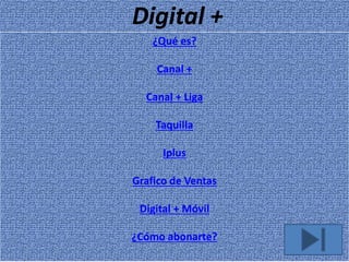 Digital +
¿Qué es?
Canal +
Canal + Liga
Taquilla
Iplus
Grafico de Ventas
Digital + Móvil
¿Cómo abonarte?
 
