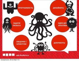 ПРОГРАММИСТЫ    ДИЗАЙНЕРЫ




                  ЗАДАЧИ	
                   ИДЕИ	
 ДЛЯ	
 
                  ПРОЕКТА                     КРЕАТИВА




                       ОБЩЕНИЕ	
 С	
 
                                          ДОКУМЕНТЫ
                       КЛИЕНТОМ




понедельник, 29 октября 12г.
 