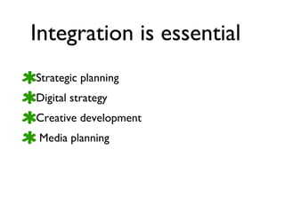 Integration is essential Strategic planning Digital strategy Creative development Media planning 
