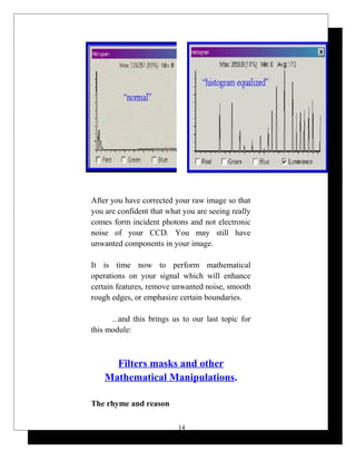 After you have corrected your raw image so that
you are confident that what you are seeing really
comes form incident photons and not electronic
noise of your CCD. You may still have
unwanted components in your image.
It is time now to perform mathematical
operations on your signal which will enhance
certain features, remove unwanted noise, smooth
rough edges, or emphasize certain boundaries.
...and this brings us to our last topic for
this module:
Filters masks and other
Mathematical Manipulations.
The rhyme and reason
14
 