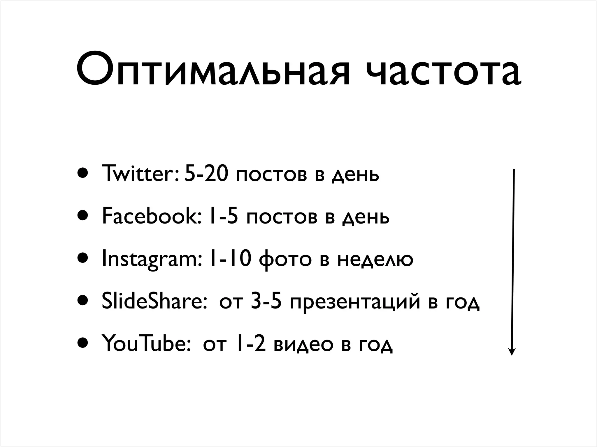 Оптимальная частота
• Twitter: 5-20 постов в день
• Facebook: 1-5 постов в день
• Instagram: 1-10 фото в неделю
• SlideShare: от 3-5 презентаций в год
• YouTube: от 1-2 видео в год
 
