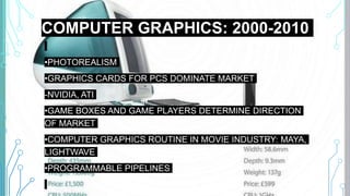 COMPUTER GRAPHICS: 2000-2010
•PHOTOREALISM
•GRAPHICS CARDS FOR PCS DOMINATE MARKET
-NVIDIA, ATI
•GAME BOXES AND GAME PLAYERS DETERMINE DIRECTION
OF MARKET
•COMPUTER GRAPHICS ROUTINE IN MOVIE INDUSTRY: MAYA,
LIGHTWAVE
•PROGRAMMABLE PIPELINES
 