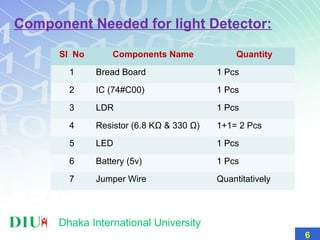 Dhaka International University
Component Needed for light Detector:
6
Sl No Components Name Quantity
1 Bread Board 1 Pcs
2 IC (74#C00) 1 Pcs
3 LDR 1 Pcs
4 Resistor (6.8 KΩ & 330 Ω) 1+1= 2 Pcs
5 LED 1 Pcs
6 Battery (5v) 1 Pcs
7 Jumper Wire Quantitatively
 