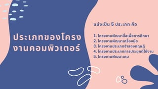 ประเภทของโครง
งานคอมพิวเตอร์
แบ่งเปน 5 ประเภท คือ
1.โครงงานพัฒนาสือเพือการศึกษา
2.โครงงานพัฒนาเครืองมือ 
3.โครงงานประเภทจําลองทฤษฎี
4.โครงงานประเภทการประยุกต์ใช้งาน
5.โครงงานพัฒนาเกม
 