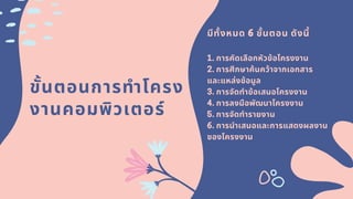 ขันตอนการทําโครง
งานคอมพิวเตอร์
มีทังหมด 6 ขันตอน ดังนี
1.การคัดเลือกหัวข้อโครงงาน
2.การศึกษาค้นคว้าจากเอกสาร
และแหล่งข้อมูล
3.การจัดทําข้อเสนอโครงงาน
4.การลงมือพัฒนาโครงงาน
5.การจัดทํารายงาน
6.การนําเสนอและการแสดงผลงาน
ของโครงงาน
 