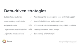 #digitalagencyday
Outlook-heavy audience Adjust design for preview pane, code for limited support
Image-blocking email clients Use styled alt text and background colors
Many Gmail users CSS must be inlined; consider hybrid approach for mobile
Large number of retina devices Use high resolution ‘retina’ images
Large Lotus notes audience Start looking for another job
Data-driven strategies
 
