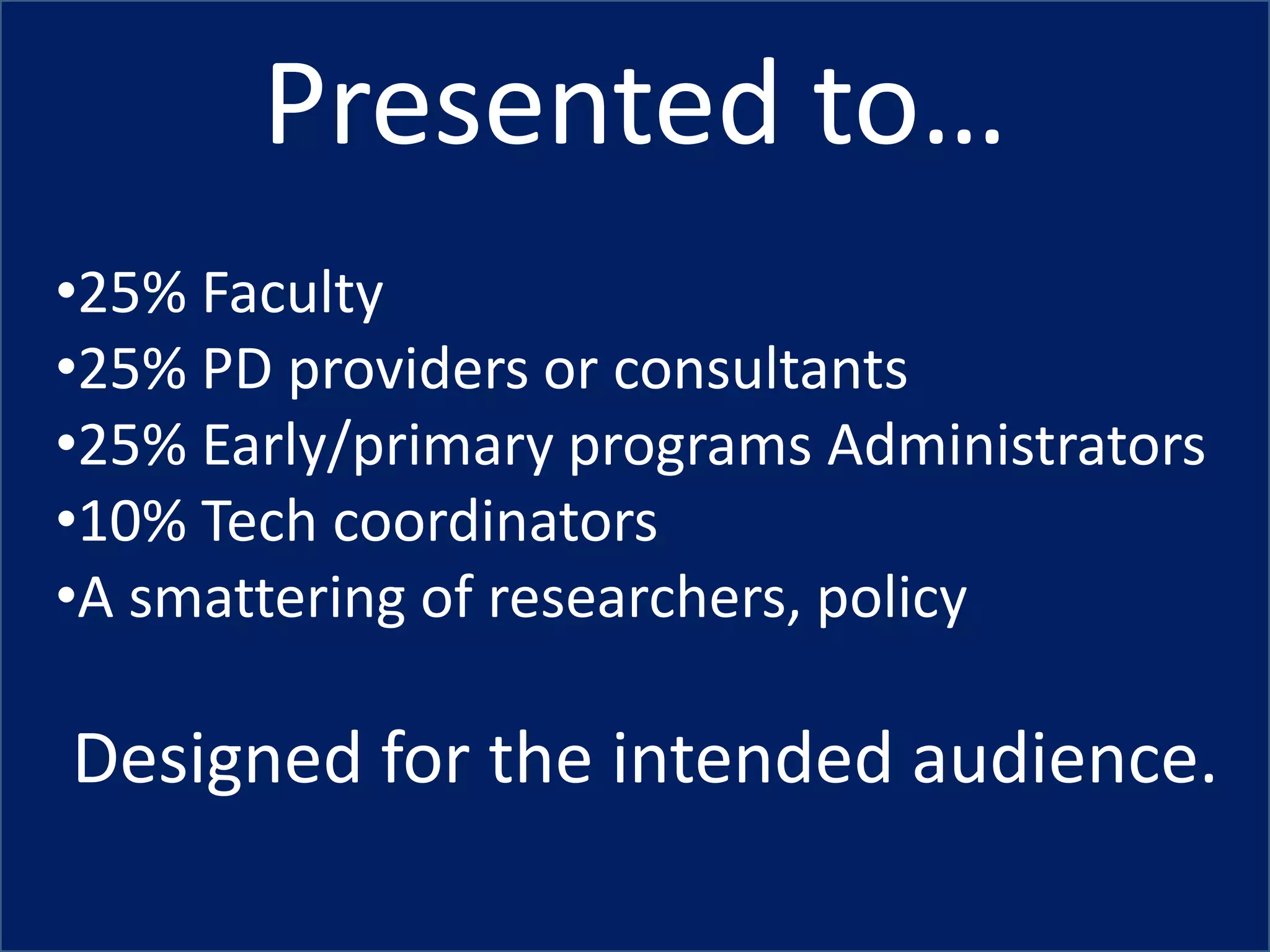 Presented to…
•25% Faculty
•25% PD providers or consultants
•25% Early/primary programs Administrators
•10% Tech coordinators
•A smattering of researchers, policy

Designed for the intended audience.
 