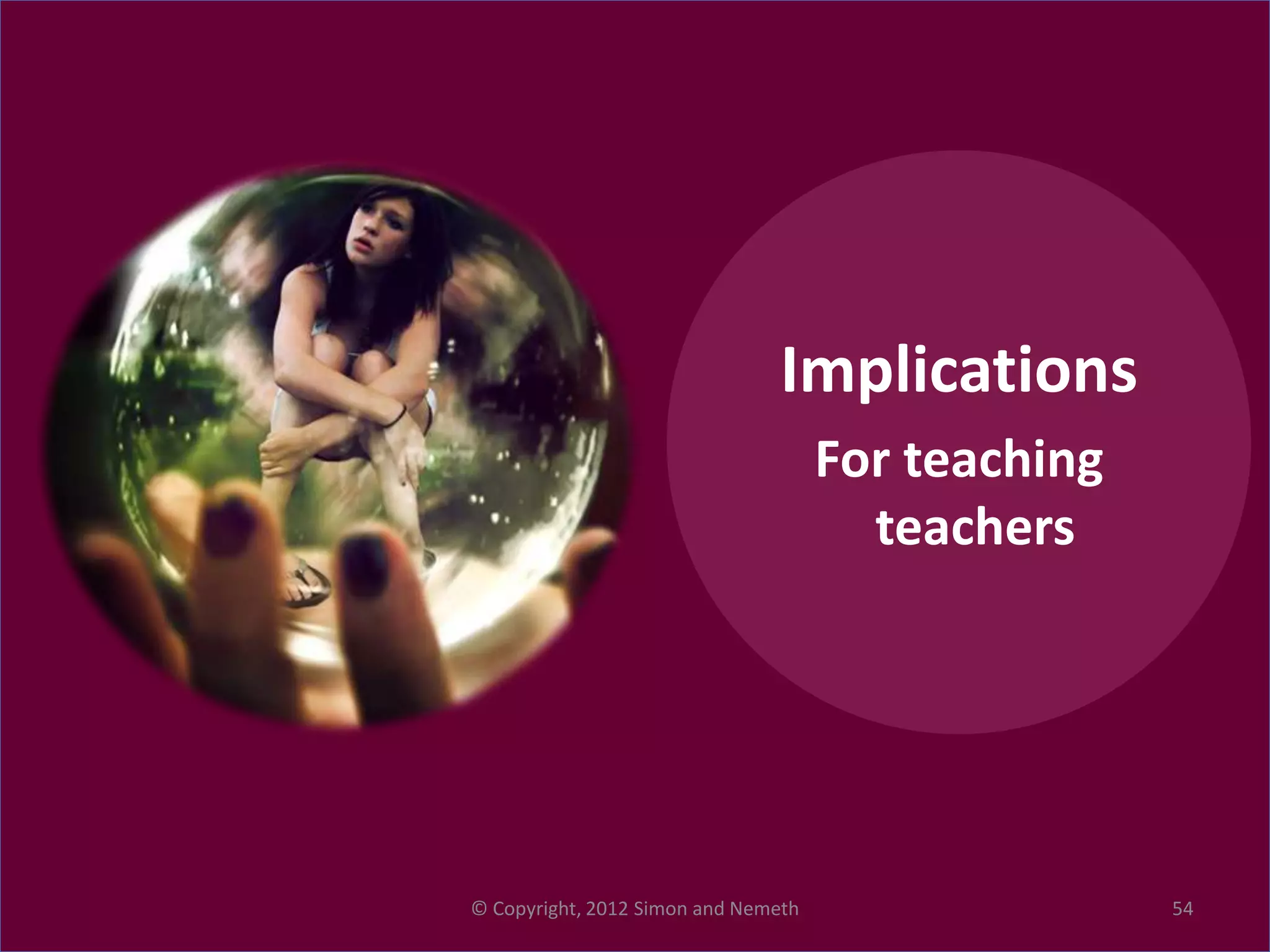 Implications
                                     For teaching
                                       teachers




© Copyright, 2012 Simon and Nemeth                  54
 