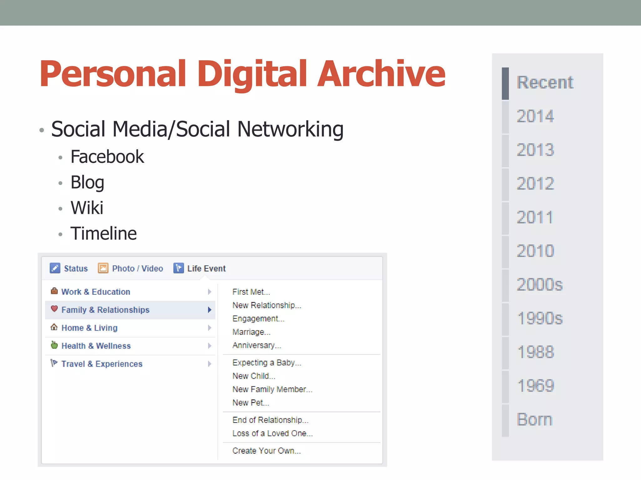 Personal Digital Archive
• Social Media/Social Networking
• Facebook
• Blog
• Wiki
• Timeline
 