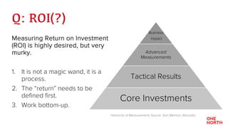 Q: ROI(?)
Measuring Return on Investment
(ROI) is highly desired, but very
murky.
1. It is not a magic wand, it is a
proce...