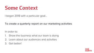 Some Context
I began 2018 with a particular goal…
To create a quarterly report on our marketing activities
In order to:
1....