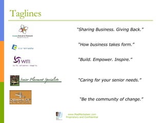 Taglines “ Sharing Business. Giving Back.” “ How business takes form.” “ Build. Empower. Inspire.” “ Caring for your senio...