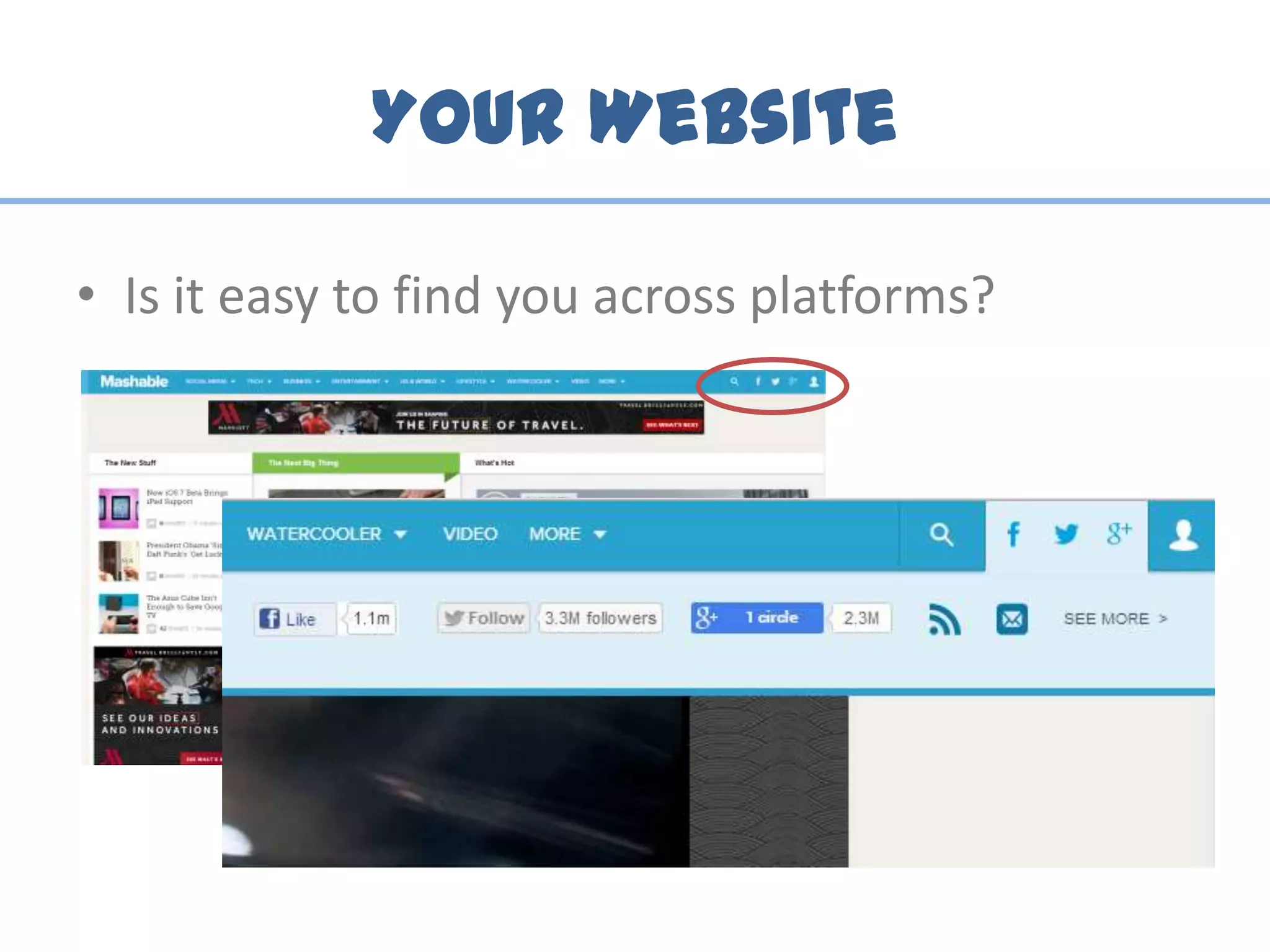 Your Website
• Is it easy to find you across platforms?
 