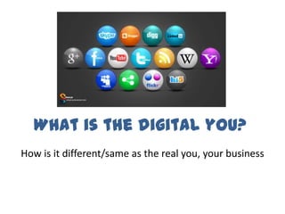 What is the digital you?
How is it different/same as the real you, your business
 