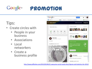 Promotion
http://www.jeffbullas.com/2013/05/06/21-awesome-social-media-facts-figures-and-statistics-for-2013/
Tips:
• Create circles with
• People in your
business
• Associations
• Local
networkers
• Create a
business profile
 