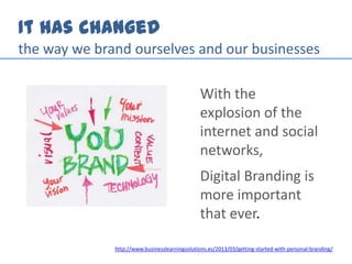 It has changed
the way we brand ourselves and our businesses
With the
explosion of the
internet and social
networks,
Digital Branding is
more important
that ever.
http://www.businesslearningsolutions.es/2013/03/getting-started-with-personal-branding/
 
