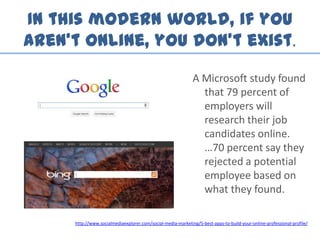 In this modern world, if you
aren’t online, you don’t exist.
A Microsoft study found
that 79 percent of
employers will
research their job
candidates online.
…70 percent say they
rejected a potential
employee based on
what they found.
http://www.socialmediaexplorer.com/social-media-marketing/5-best-apps-to-build-your-online-professional-profile/
 