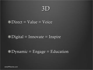 3D  Direct = Value = Voice Digital = Innovate = Inspire Dynamic = Engage = Education wiredPRworks.com 