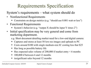 Embedded Computer Systems: EE8205 Digital Camera Example
Requirements Specification
System’s requirements – what system should do
• Nonfunctional Requirements
▪ Constraints on design metrics (e.g. “should use 0.001 watt or less”)
• Functional Requirements
▪ System’s behavior (e.g. “output X should be input Y times 2”)
• Initial specification may be very general and come from
marketing department.
e.g. Short document detailing market need for a low-end digital camera:
▪ Captures and stores at least 50 low-res images and uploads to PC
▪ Costs around $100 with single medium-size IC costing less that $25
▪ Has long as possible battery life
▪ Has expected sales volume of 200,000 if market entry < 6 months
▪ 100,000 if between 6 and 12 months
▪ insignificant sales beyond 12 months
25
 