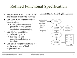 Embedded Computer Systems: EE8205 Digital Camera Example
Refined Functional Specification
• Refine informal specification into
one that can actually be executed
• Can use C/C++ code to describe
each function
▪ Called system-level model,
prototype, or simply model
▪ Also is first implementation
• Can provide insight into
operations of system
▪ Profiling can find
computationally intensive
functions
• Can obtain sample output used to
verify correctness of final
implementation
29
image file
10101101
01101010
10010101
101...
CCD.C
CNTRL.
C
UART.C
output file
10101010
10101010
10101010
1010...
CODEC.
C
CCDPP.
C
Executable Model of Digital Camera
 