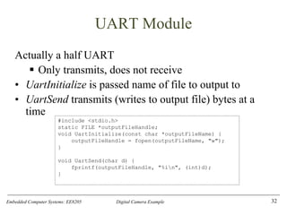 Embedded Computer Systems: EE8205 Digital Camera Example
UART Module
Actually a half UART
▪ Only transmits, does not receive
• UartInitialize is passed name of file to output to
• UartSend transmits (writes to output file) bytes at a
time
32
#include <stdio.h>
static FILE *outputFileHandle;
void UartInitialize(const char *outputFileName) {
outputFileHandle = fopen(outputFileName, "w");
}
void UartSend(char d) {
fprintf(outputFileHandle, "%in", (int)d);
}
 