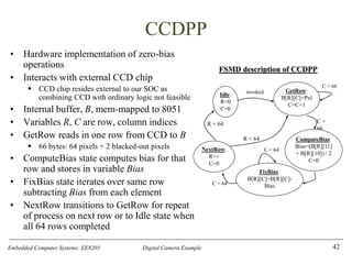 Embedded Computer Systems: EE8205 Digital Camera Example
CCDPP
• Hardware implementation of zero-bias
operations
• Interacts with external CCD chip
▪ CCD chip resides external to our SOC as
combining CCD with ordinary logic not feasible
• Internal buffer, B, mem-mapped to 8051
• Variables R, C are row, column indices
• GetRow reads in one row from CCD to B
▪ 66 bytes: 64 pixels + 2 blacked-out pixels
• ComputeBias state computes bias for that
row and stores in variable Bias
• FixBias state iterates over same row
subtracting Bias from each element
• NextRow transitions to GetRow for repeat
of process on next row or to Idle state when
all 64 rows completed
42
C = 64
C < 64
R = 64 C =
66
invoked
R < 64
C < 66
Idle:
R=0
C=0
GetRow:
B[R][C]=Pxl
C=C+1
ComputeBias:
Bias=(B[R][11]
+ B[R][10]) / 2
C=0
NextRow:
R++
C=0
FixBias:
B[R][C]=B[R][C]-
Bias
FSMD description of CCDPP
 