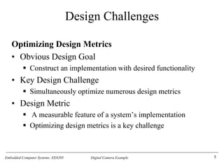 Embedded Computer Systems: EE8205 Digital Camera Example
Design Challenges
Optimizing Design Metrics
• Obvious Design Goal
▪ Construct an implementation with desired functionality
• Key Design Challenge
▪ Simultaneously optimize numerous design metrics
• Design Metric
▪ A measurable feature of a system’s implementation
▪ Optimizing design metrics is a key challenge
5
 