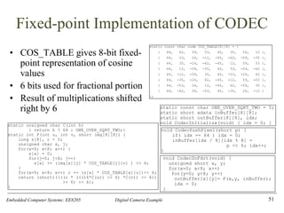 Embedded Computer Systems: EE8205 Digital Camera Example
Fixed-point Implementation of CODEC
• COS_TABLE gives 8-bit fixed-
point representation of cosine
values
• 6 bits used for fractional portion
• Result of multiplications shifted
right by 6
51
void CodecDoFdct(void) {
unsigned short x, y;
for(x=0; x<8; x++)
for(y=0; y<8; y++)
outBuffer[x][y]= F(x,y, inBuffer);
idx = 0;
}
static const char code COS_TABLE[8][8] = {
{ 64, 62, 59, 53, 45, 35, 24, 12 },
{ 64, 53, 24, -12, -45, -62, -59, -35 },
{ 64, 35, -24, -62, -45, 12, 59, 53 },
{ 64, 12, -59, -35, 45, 53, -24, -62 },
{ 64, -12, -59, 35, 45, -53, -24, 62 },
{ 64, -35, -24, 62, -45, -12, 59, -53 },
{ 64, -53, 24, 12, -45, 62, -59, 35 },
{ 64, -62, 59, -53, 45, -35, 24, -12 }
};
static const char ONE_OVER_SQRT_TWO = 5;
static short xdata inBuffer[8][8];
static short outBuffer[8][8], idx;
void CodecInitialize(void) { idx = 0; }
static unsigned char C(int h)
{ return h ? 64 : ONE_OVER_SQRT_TWO;}
static int F(int u, int v, short img[8][8]) {
long s[8], r = 0;
unsigned char x, j;
for(x=0; x<8; x++) {
s[x] = 0;
for(j=0; j<8; j++)
s[x] += (img[x][j] * COS_TABLE[j][v] ) >> 6;
}
for(x=0; x<8; x++) r += (s[x] * COS_TABLE[x][u])>> 6;
return (short)((((r * (((16*C(u)) >> 6) *C(v)) >> 6))
>> 6) >> 6);
}
void CodecPushPixel(short p) {
if( idx == 64 ) idx = 0;
inBuffer[idx / 8][idx % 8] =
p << 6; idx++;
}
 