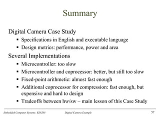 Embedded Computer Systems: EE8205 Digital Camera Example
Summary
Digital Camera Case Study
▪ Specifications in English and executable language
▪ Design metrics: performance, power and area
Several Implementations
▪ Microcontroller: too slow
▪ Microcontroller and coprocessor: better, but still too slow
▪ Fixed-point arithmetic: almost fast enough
▪ Additional coprocessor for compression: fast enough, but
expensive and hard to design
▪ Tradeoffs between hw/sw – main lesson of this Case Study
57
 