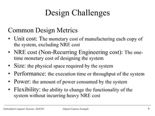 Embedded Computer Systems: EE8205 Digital Camera Example
Design Challenges
Common Design Metrics
• Unit cost: The monetary cost of manufacturing each copy of
the system, excluding NRE cost
• NRE cost (Non-Recurring Engineering cost): The one-
time monetary cost of designing the system
• Size: the physical space required by the system
• Performance: the execution time or throughput of the system
• Power: the amount of power consumed by the system
• Flexibility: the ability to change the functionality of the
system without incurring heavy NRE cost
6
 