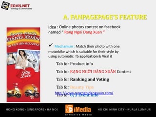 A. FANPAGEPAGE’S FEATURE
Tab for Product info
Tab for RẠNG NGỜI DÁNG XUÂN Contest
Tab for Ranking and Voting
Tab for Beauty Tips
Tab for 8/3 Event Info
http://www.rangngoidangxuan.com/
Idea : Online photos contest on facebook
named “ Rang Ngoi Dang Xuan “
 Mechanism : Match their photo with one
motorbike which is suitable for their style by
using automatic fb application & Viral it
 